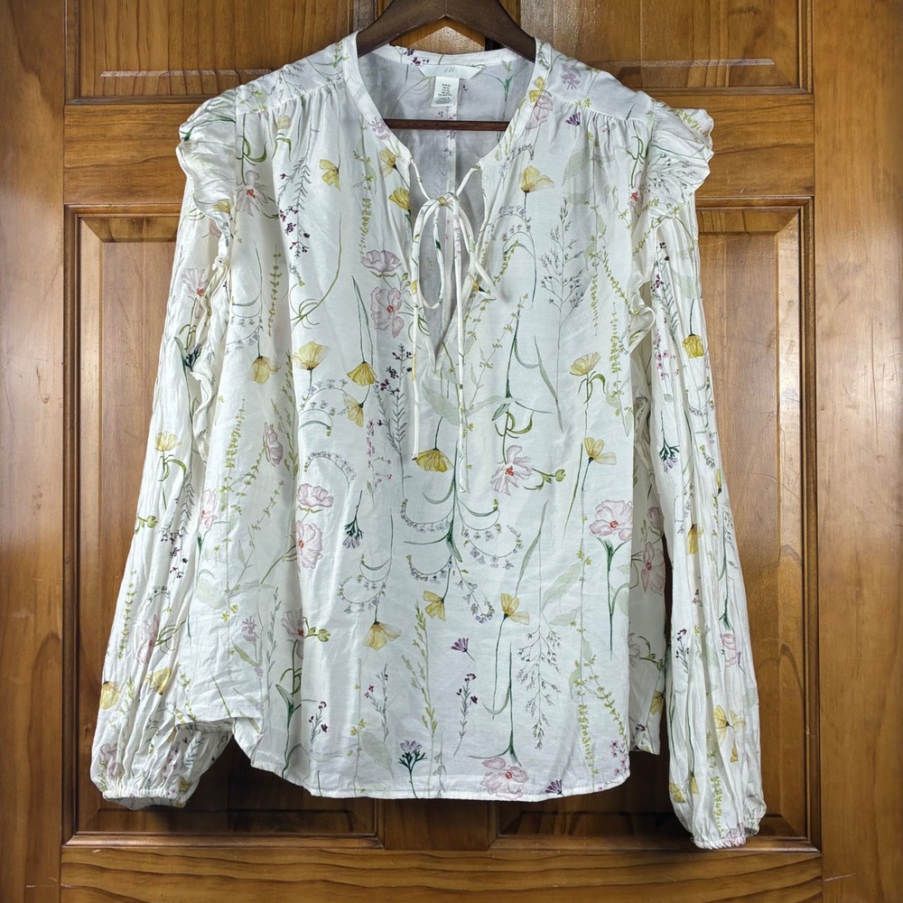 H&M Floral Tie Neck Blouse XL White Long Sleeve Ruffle Shoulder Viscose Prairie